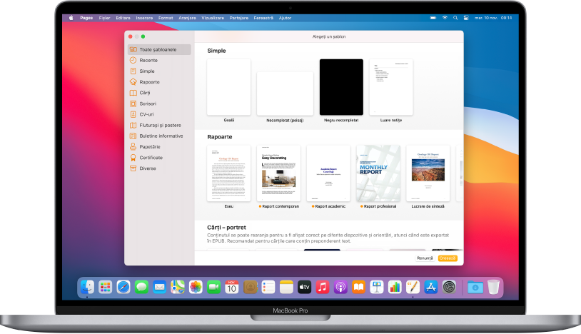 Un MacBook Pro cu selectorul de șabloane Pages deschis pe ecran. Este selectată categoria Toate șabloanele în partea stângă și șabloanele predefinite apar în dreapta pe rânduri în funcție de categorie.