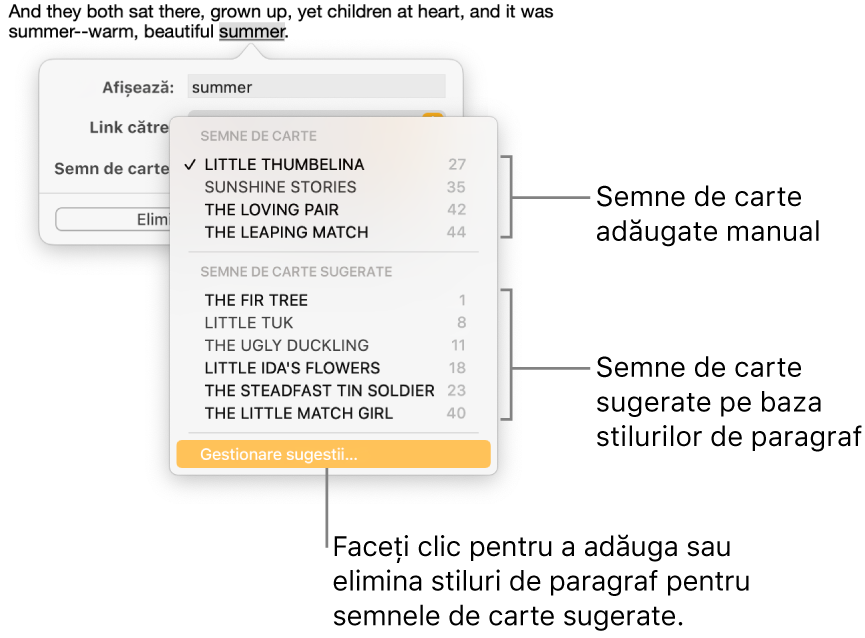 Lista de semne de carte, cu semnele de carte adăugate manual în partea de sus și semnele de carte sugerate în partea de jos. Opțiunea Gestionare sugestii se află în partea de jos.