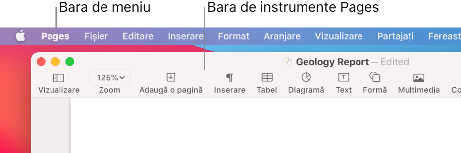 Bara de meniu din partea de sus a ecranului cu meniurile Apple, Pages, Fișier, Editare, Inserare, Format, Aranjare, Vizualizare, Partajare, Fereastră și Ajutor. Sub bara de meniu se află un document Pages deschis cu butoanele din bara de instrumente de-a lungul părții de sus pentru Vizualizare, Zoom, Adaugă o pagină, Inserează, Tabel, Diagramă, Text, Formă, Multimedia și Comentariu.