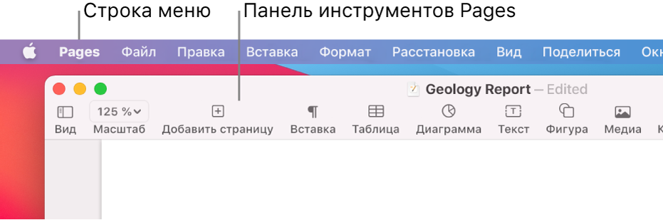 Вверху экрана находится строка меню, содержащая меню «Apple», «Pages», «Файл», «Правка», «Вставка», «Формат», «Расстановка», «Вид», «Доступ», «Окно» и «Справка». Под строкой меню показан открытый документ Pages. Сверху расположена панель инструментов с кнопками «Вид», «Масштаб», «Добавить страницу», «Вставка», «Таблица», «Диаграмма», «Текст», «Фигура», «Медиа» и «Комментарий».