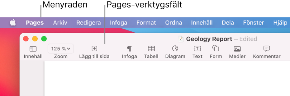 Menyraden överst på skärmen med menyerna Apple, Pages, Arkiv, Redigera, Infoga, Format, Ordna, Innehåll, Dela, Fönster och Hjälp. Nedanför den visas ett öppet Pages-dokument med knappar i verktygsfältet överst för vy, zooma, lägga till sida, infoga, tabell, diagram, text, form, medier och kommentar.