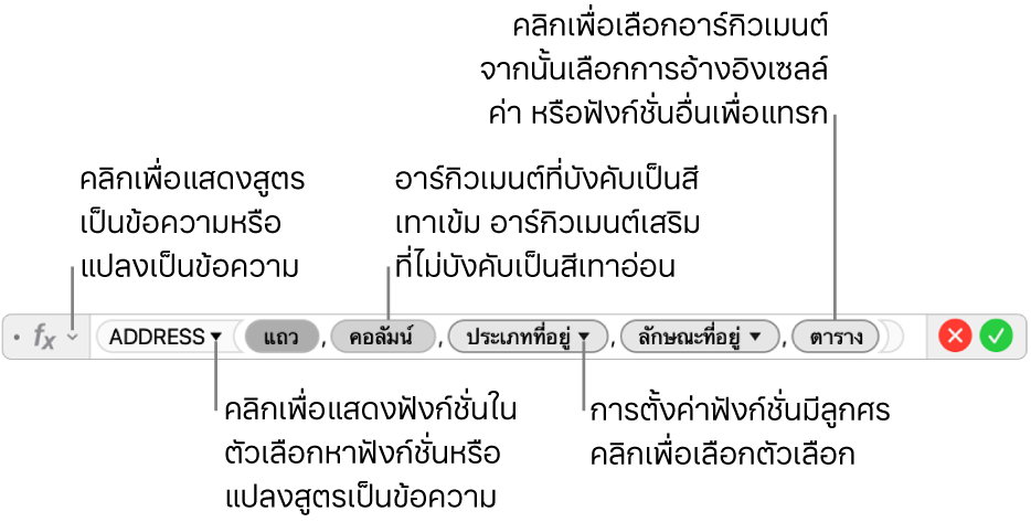 ตัวแก้ไขสูตรที่แสดงฟังก์ชั่น ADDRESS และโทเค็นอาร์กิวเมนต์