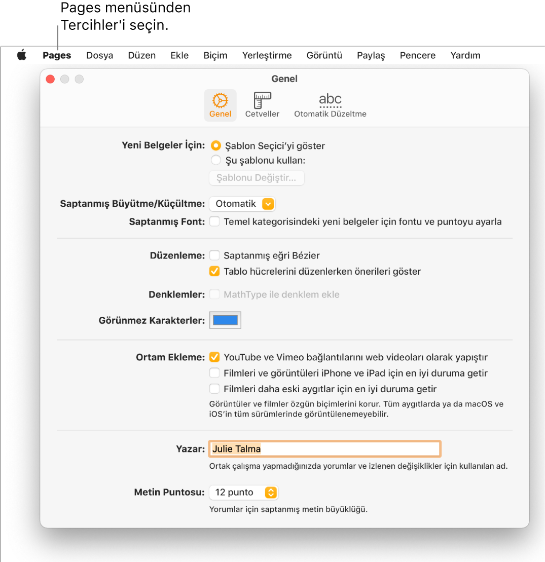 Pages tercihler penceresi Genel bölmesinde açılır.