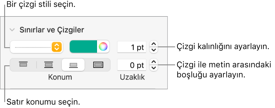 Çizgi stilini, kalınlığını, konumunu ve rengini değiştirmeye yönelik denetimler.