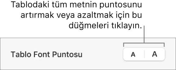 Tablodaki tüm metnin büyüklüğünü değiştirme denetimleri.