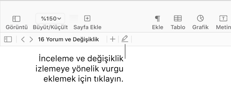 Ekle menüsünü ve alt kısmını gösteren menü çubuğu, Gözden geçirme araçların ve bir Vurgula düğmesi belirtimini gösteren Pages araç çubuğu.