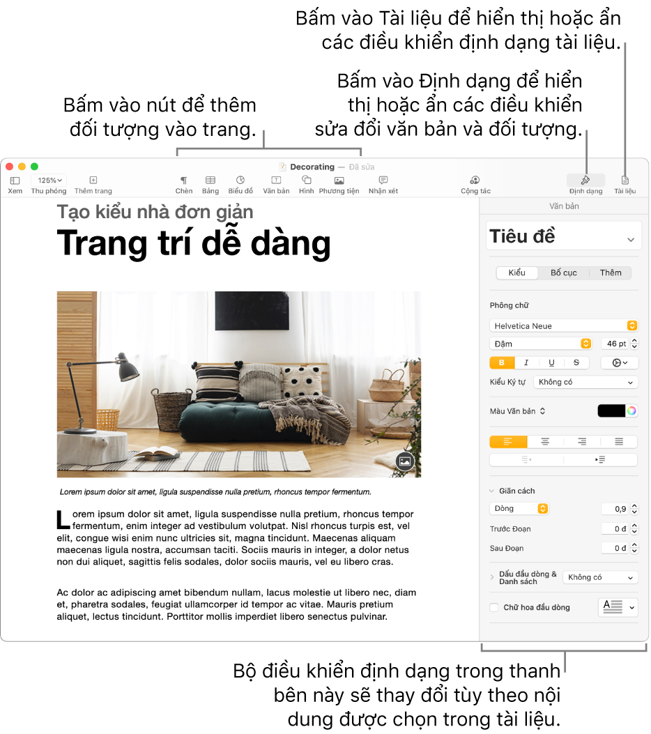 Cửa sổ Pages có các nút trên thanh công cụ để thêm đối tượng và mở thanh bên.
