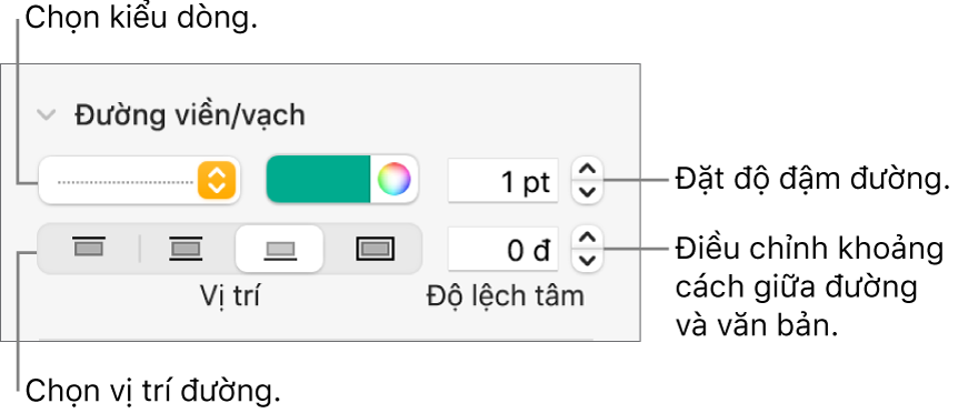 Các điều khiển để thay đổi kiểu đường, độ đậm, vị trí và màu.