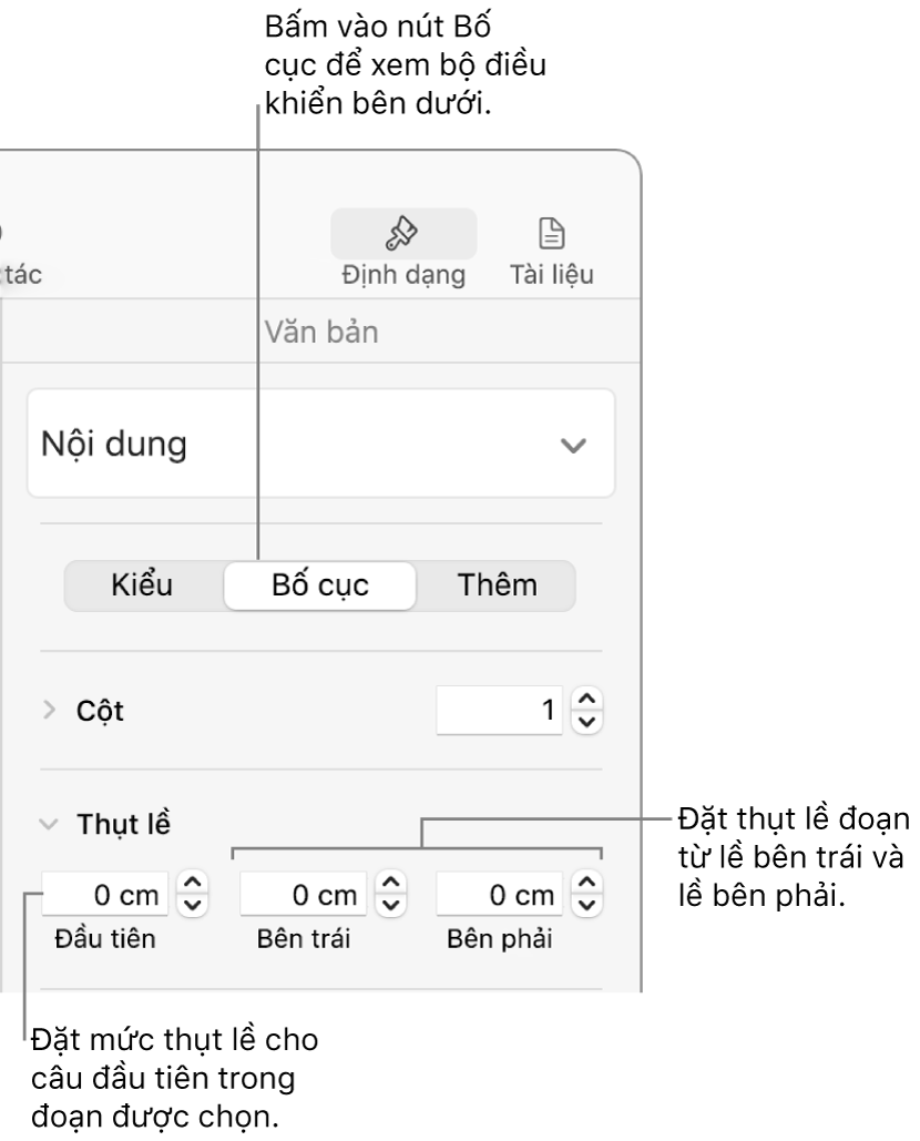 Các điều khiển trong phần Bố cục của thanh bên Định dạng để đặt thụt lề dòng đầu tiên.