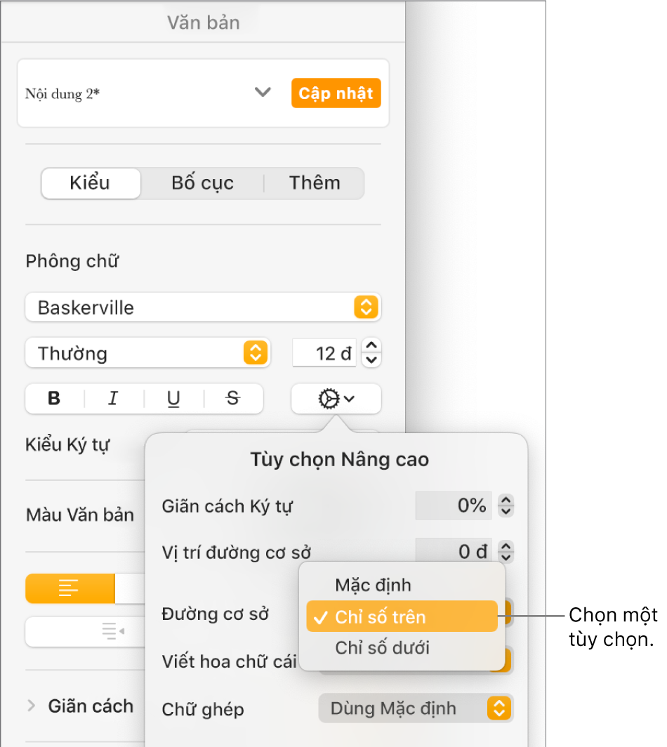Menu Tùy chọn nâng cao với menu bật lên Đường cơ sở mở ra và đang hiển thị các mục menu Mặc định, Chỉ số trên và Chỉ số dưới.