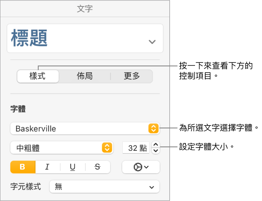 「格式」側邊欄「樣式」區域中的文字控制項目，可設定字體和字體大小。