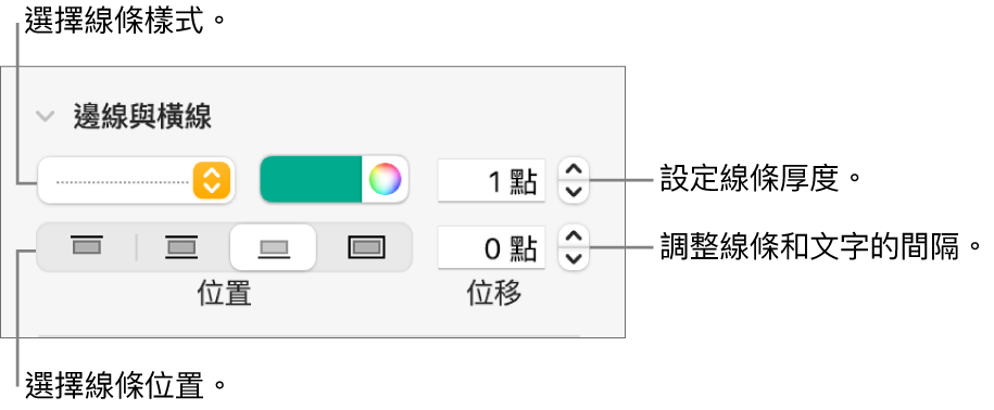 更改線條樣式、粗細、位置和顏色的控制項目。