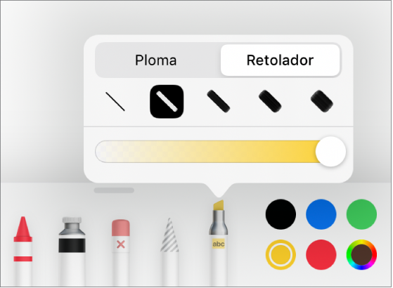 El menú de les eines d’anotacions intel·ligents amb els botons Ploma i “Retolador fluorescent”, les opcions de gruix de línia i el regulador d’opacitat.
