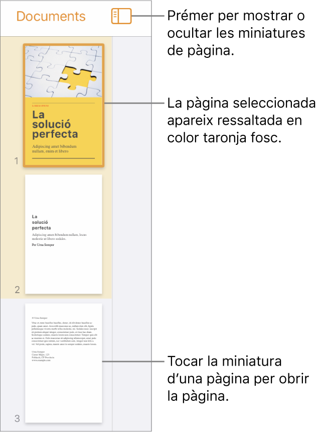 Vista “Miniatures de pàgina” a l’esquerra de la pantalla amb una secció de dues pàgines, una línia separadora i una pàgina a la secció següent. El botó Veure a sobre de les miniatures.