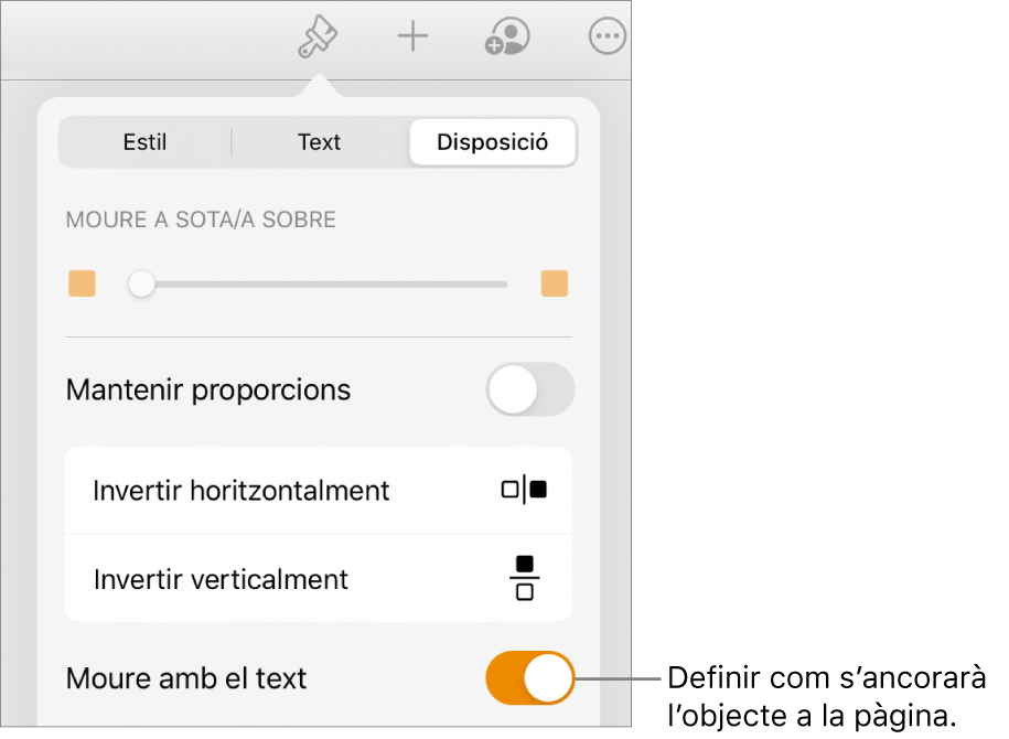 Els controls de format amb la pestanya Organitzar seleccionada amb “Moure enrere/davant”, “Moure amb el text” i “Ajustar text”.