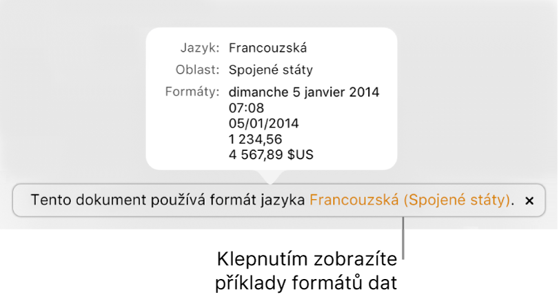 Upozornění na odlišné nastavení jazyka a oblasti s ukázkami formátování pro daný jazyk a oblast