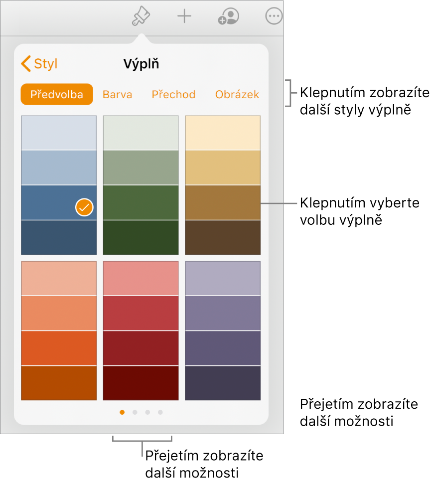Volby výplně na panelu Styl v nabídce Formát