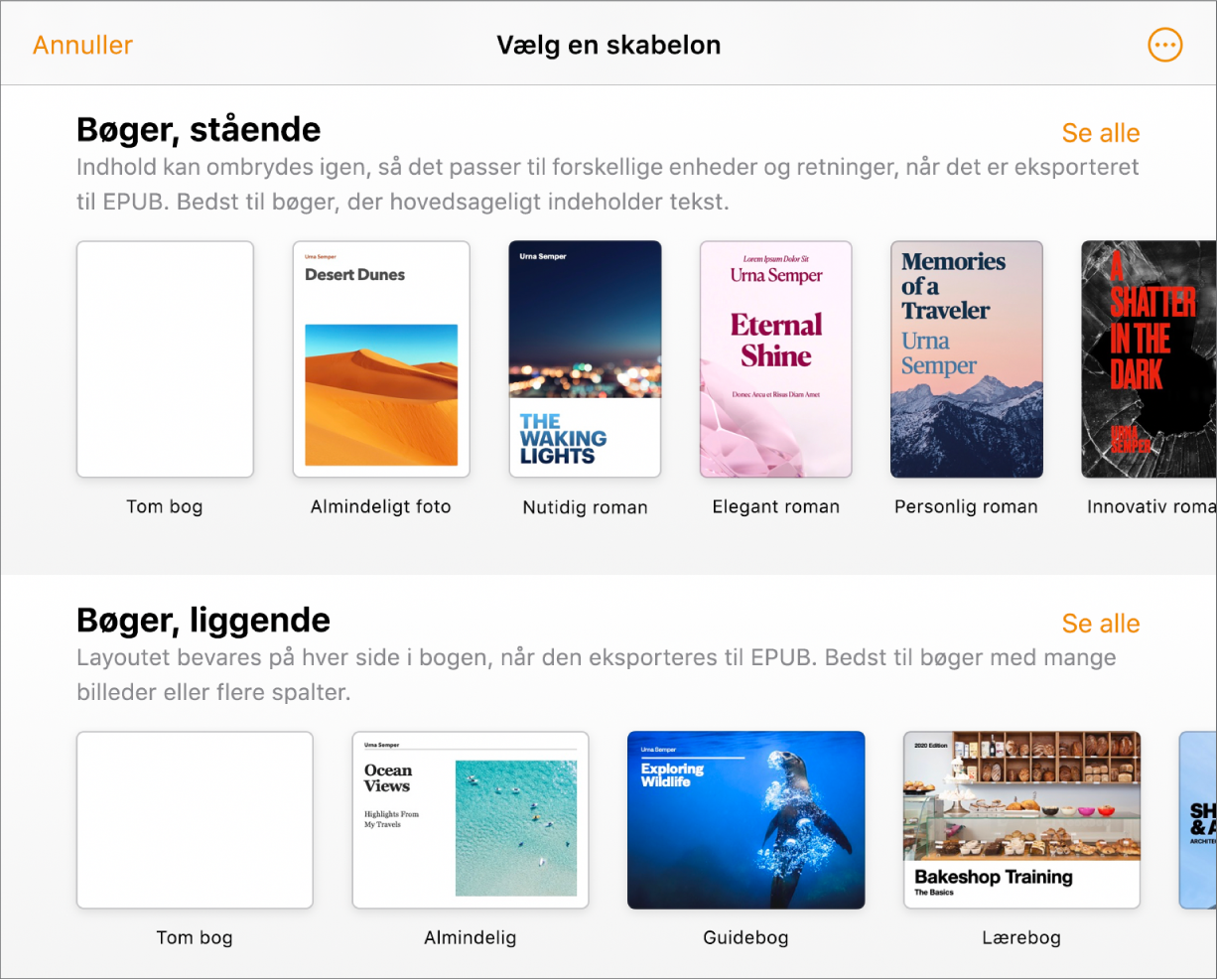 Skabelonvælgeren med bogskabeloner med stående retning øverst og liggende retning nedenunder.