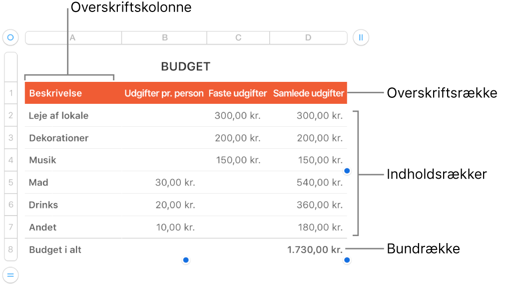 En tabel med overskrifts-, indholds- og bundrækker og -kolonner.