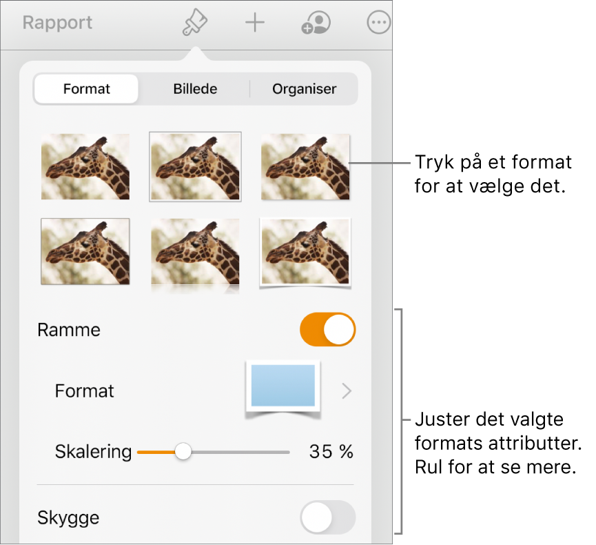 Fanen Format til menuen Format med objektformater øverst og derunder betjeningsmuligheder til ændring af ramme, skygge, refleksion og opacitet.