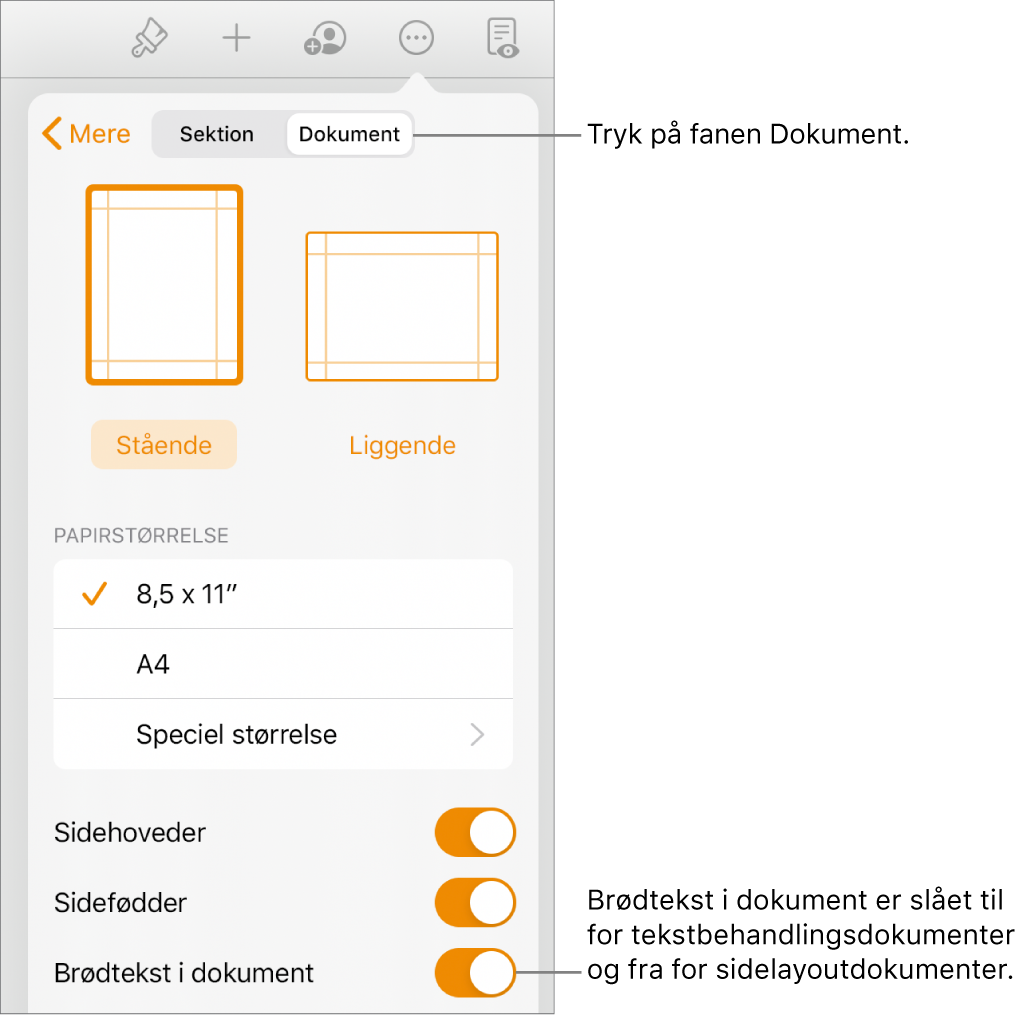 Betjeningsmulighederne til Format med Brødtekst i dokument slået til nær bunden af skærmen.