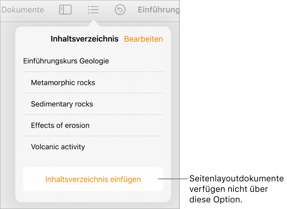 Die Darstellung „Inhaltsverzeichnis“ mit der Taste „Bearbeiten“ in der oberen rechten Ecke, den Einträgen des Inhaltsverzeichnisses und der Taste „Inhaltsverzeichnis einfügen“ ganz unten.