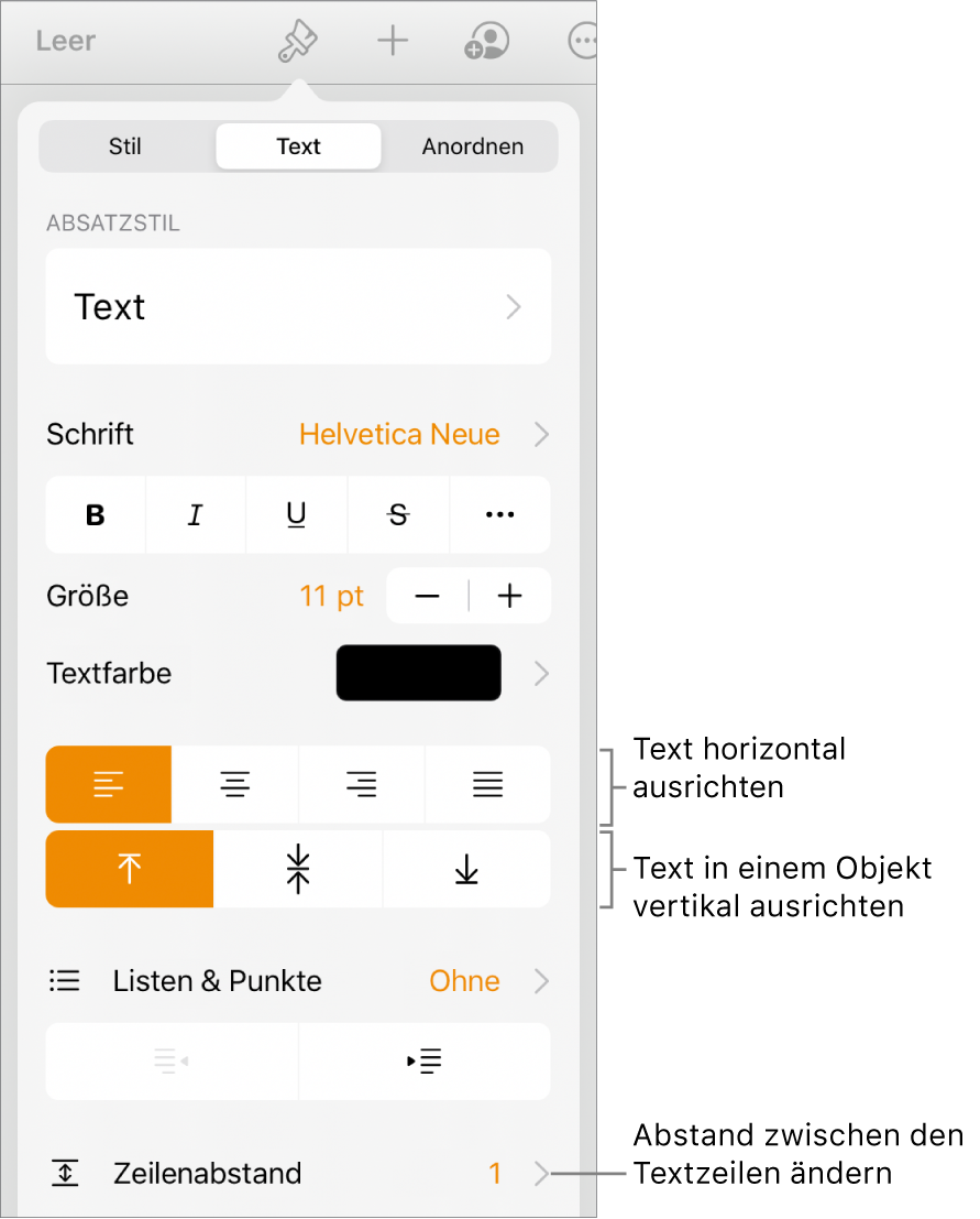 Die Taste für die Formatsteuerungen mit dem ausgewählten Tab „Text“ und Beschriftungen für die Textausrichtungstasten und die Menüoption „Zeilenabstand“.