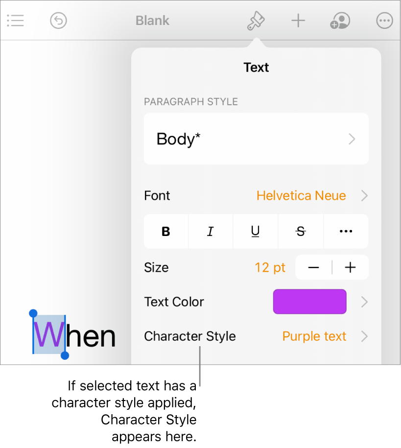 The Text formatting controls with Character Style below the Text Color controls.