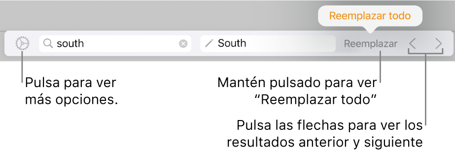 Controles para buscar y reemplazar texto.