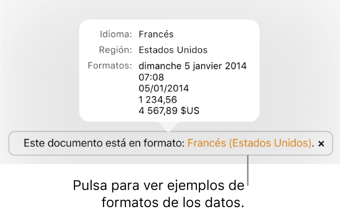 La notificación del ajuste de idioma y formato distinto, con ejemplos del formato en ese idioma y región.