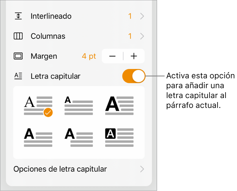 Los controles de “Letra capitular” situados en la parte inferior del menú Texto.