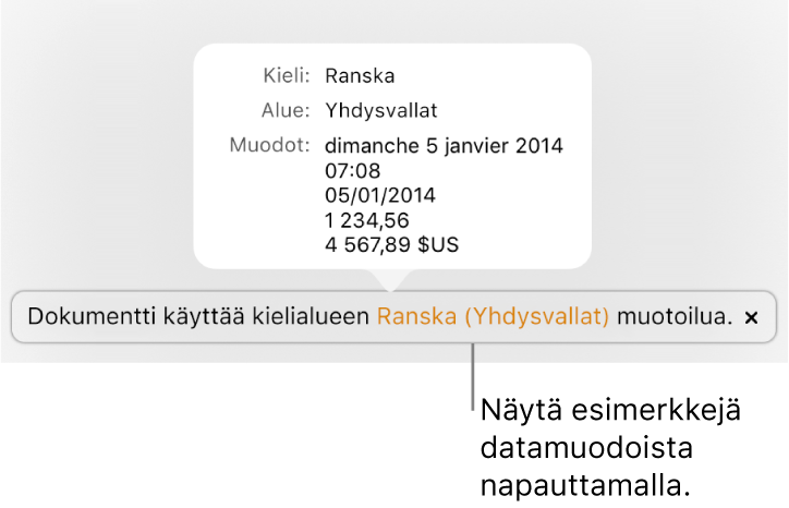 Eri kieli- ja alueasetuksen ilmoitus, jossa on esimerkkejä kyseisen kielen ja alueen muotoilusta.