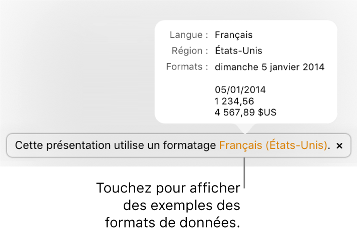 La notification du réglage de langue et de région différent affichant des exemples de la mise en forme correspondant à cette langue et à cette région.