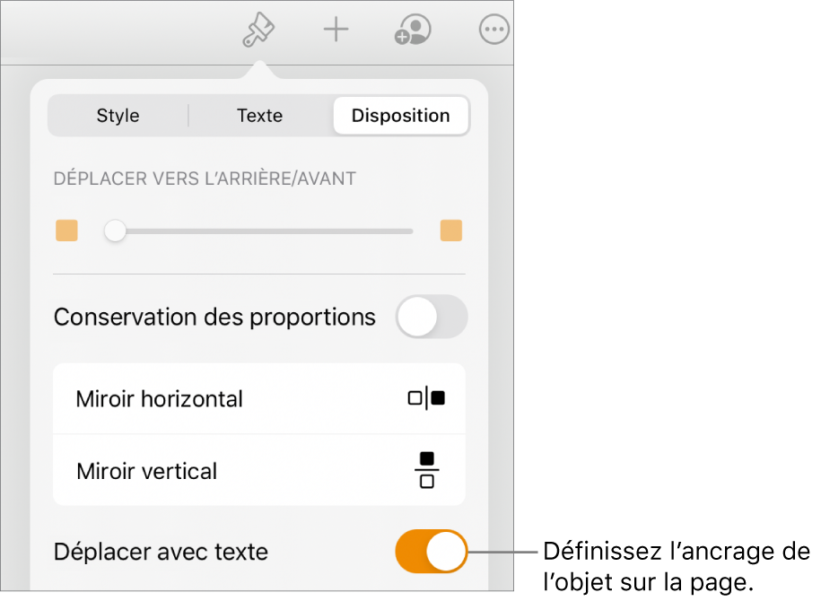 Les commandes Format avec l’onglet Disposition sélectionné et les commandes « Déplacer vers l’arrière/avant », « Déplacer avec texte » et « Ajustement du texte ».