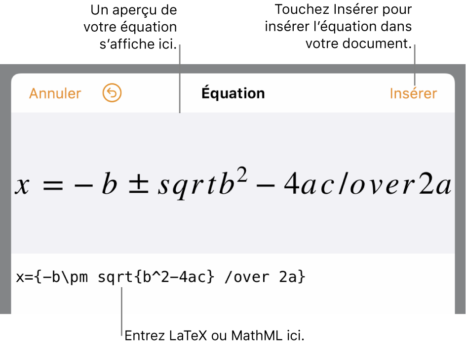 Zone de dialogue de modification d’équation, affichant la formule quadratique composée à l’aide des commandes LaTeX et l’aperçu de la formule au-dessus.