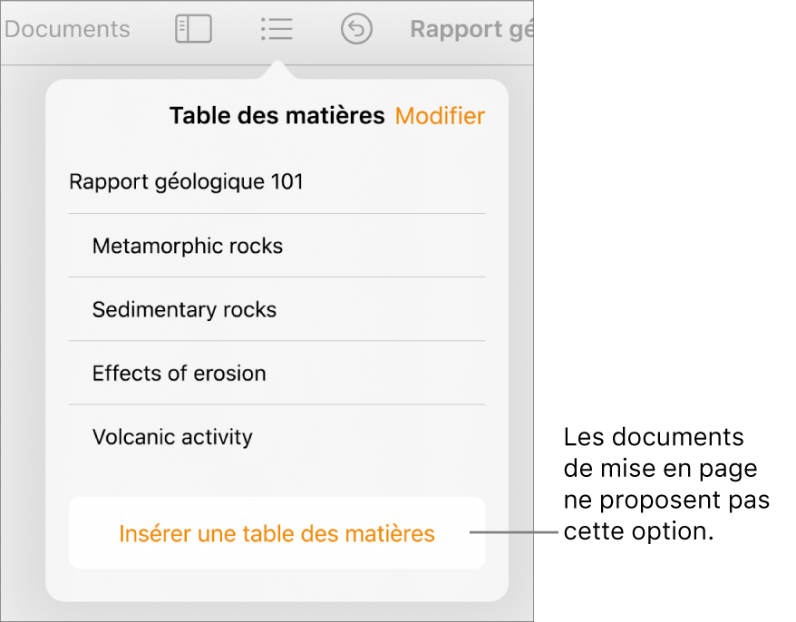 La présentation de la table des matières avec l’option Modifier dans le coin supérieur droit, les entrées de la table des matières et le bouton « Insérer une table des matières » en bas.