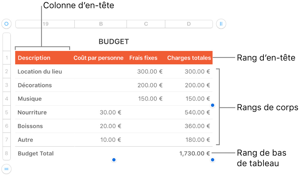Tableau affichant des rangs et des colonnes d’en-tête, de corps et de bas de tableau.