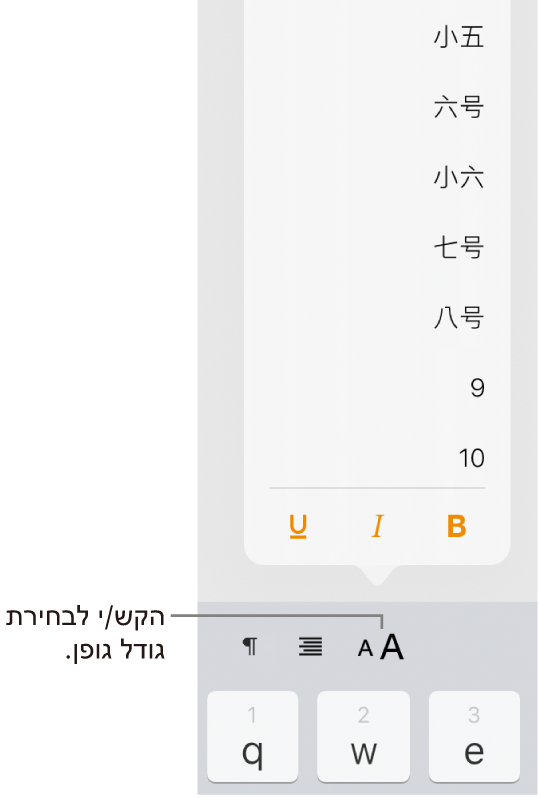 הכפתור ״גודל גופן״ מימין למקלדת ה-iPad עם התפריט ״גודל גופן״ פתוח. גדלי הגופן התקניים על פי ממשלת סין מיינלנד יופיעו בראש התפריט. מתחת להם יוצגו הגדלים בנקודות.