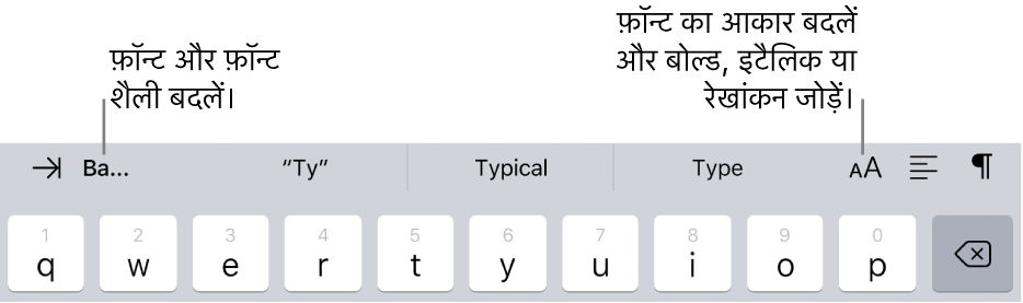 कीबोर्ड के ऊपर दिए गए टेक्स्ट फ़ॉर्मैटिंग बटन, इंडेंट के साथ बाएँ से शुरू होने वाले, फ़ॉन्ट, तीन प्रिडिक्टिव टेक्स्ट फ़ील्ड, फ़ॉन्ट आकार, अलाइनमेंट और डालें।