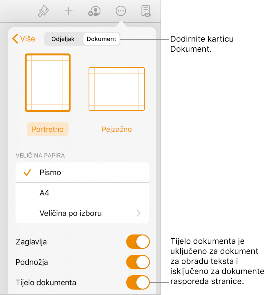 Kontrole formata Dokumenta s uključenim Tijelom dokumenta u blizini zaslona.