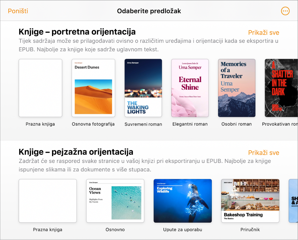 Izbornik predložaka s predlošcima knjiga u orijentaciji portret na vrhu i orijentaciji pejzaž ispod.