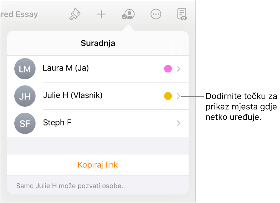 Popis sudionika s tri sudionika i različito obojanom točkom zdesna svakog imena.
