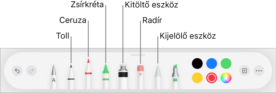 A rajz eszközsor tollal, ceruzával, zsírkrétával, kitöltőeszközzel, radírral, kijelölés eszközzel és az aktuális színt megjelenítő színrekesszel.