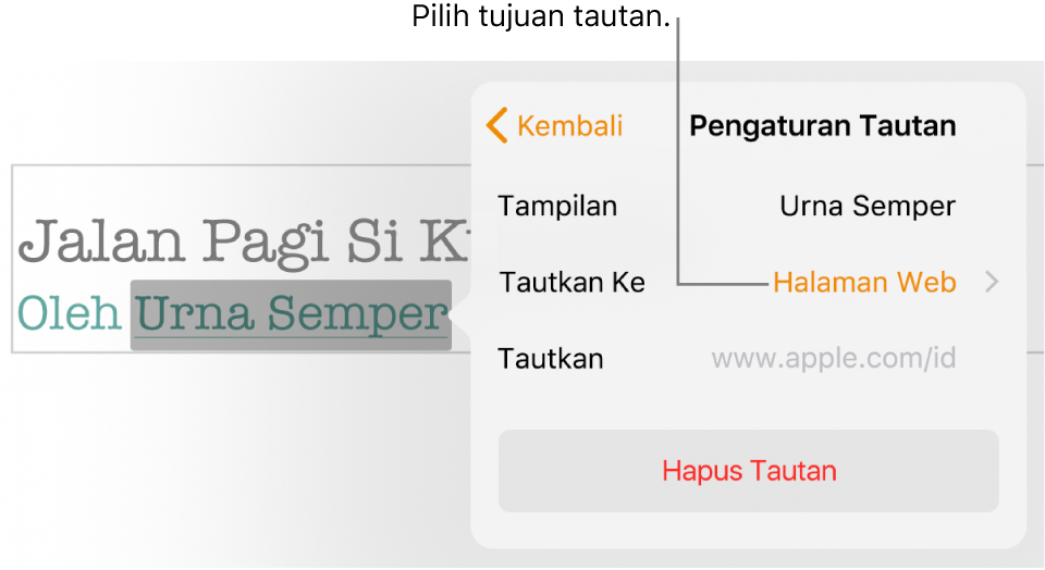 Kontrol Pengaturan Tautan dengan bidang Tampilkan, Tautkan Ke (atur ke Halaman Web), dan bidang Tautkan. Tombol Hapus Tautan di bagian bawah kontrol.