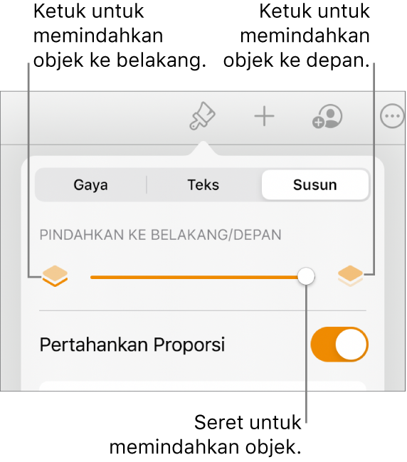 Tombol Pindahkan ke Belakang, tombol Pindahkan ke Depan, dan penggeser lapisan.