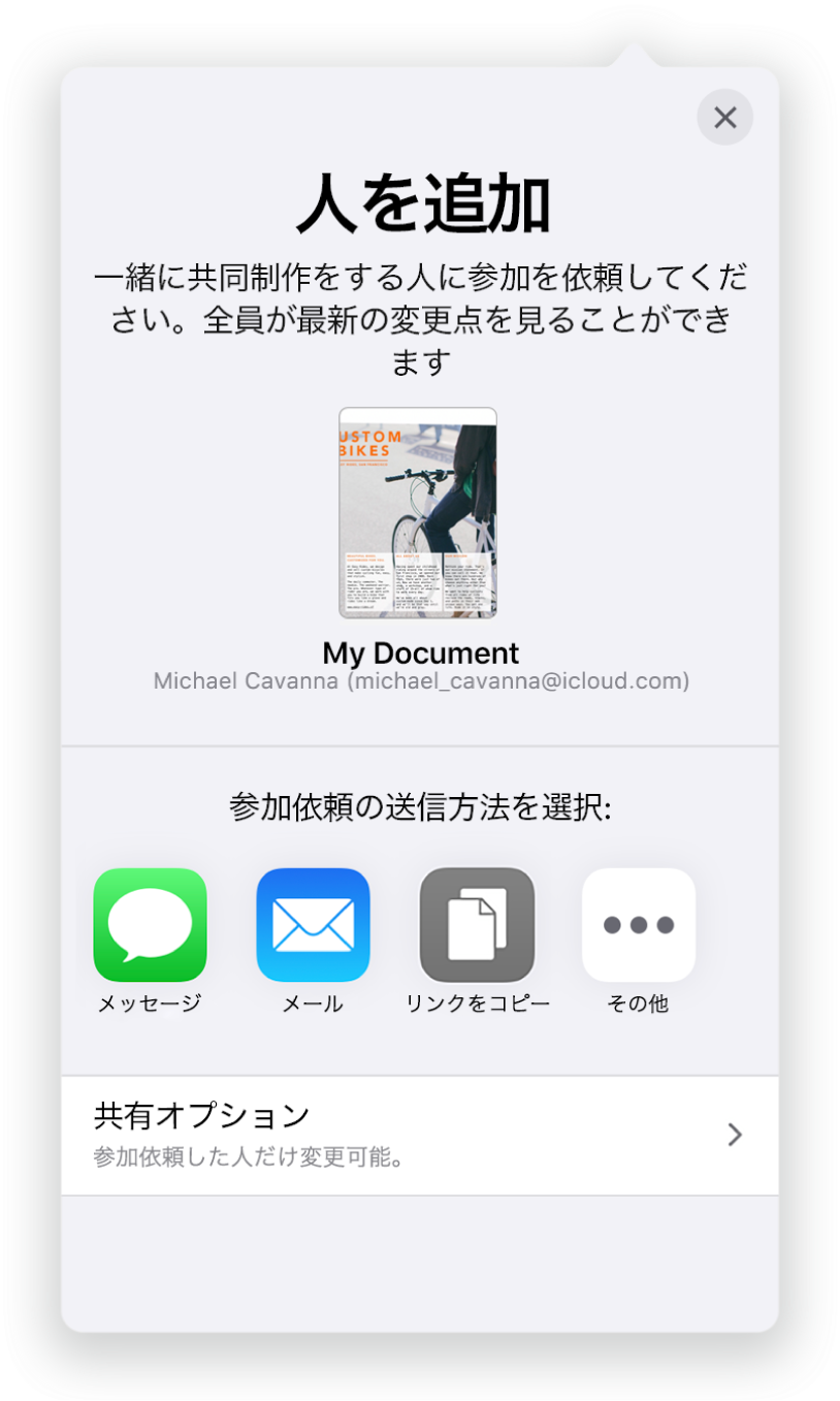 「人を追加」画面。共有されている書類の写真が表示されています。その下には、メール、「リンクをコピー」、「詳細」など、参加依頼を送信する方法のボタンがあります。下部には「共有オプション」ボタンがあります。