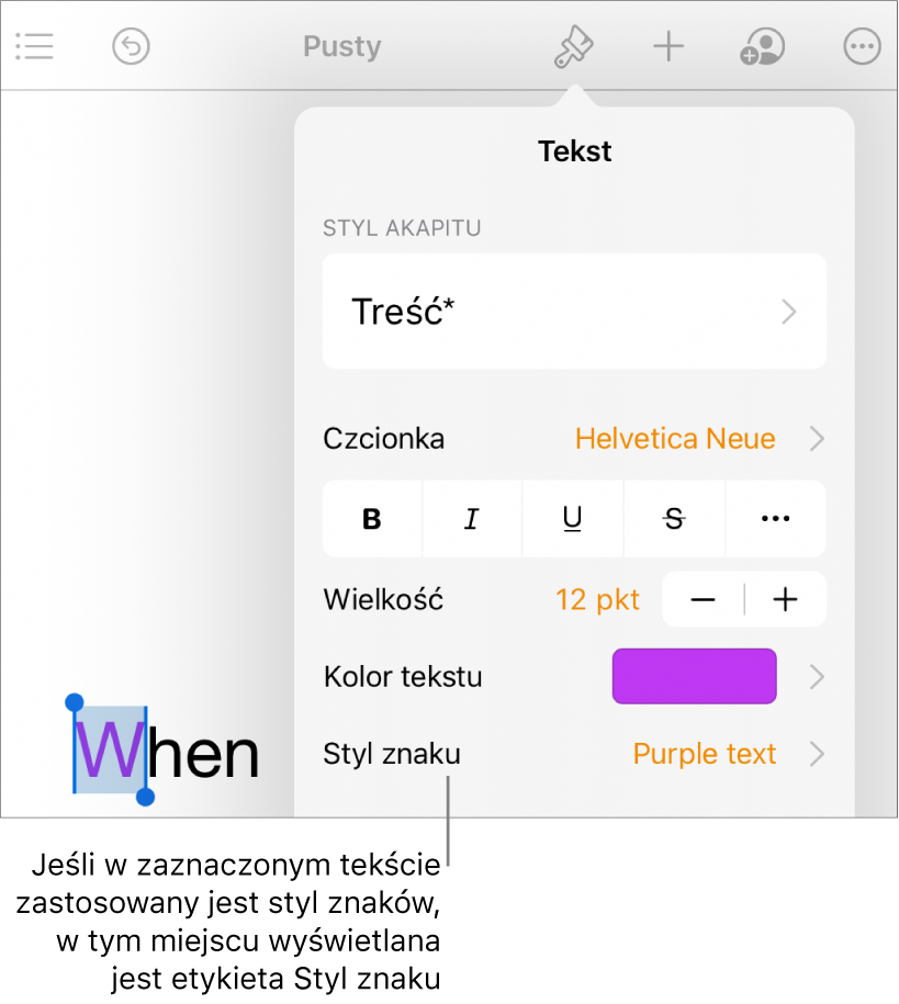 Narzędzia formatowania tekstu oraz menu stylów znaków widoczne poniżej narzędzi koloru tekstu.