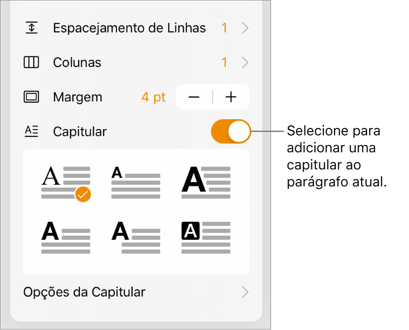 Controles Capitular localizados na parte inferior do menu Texto.