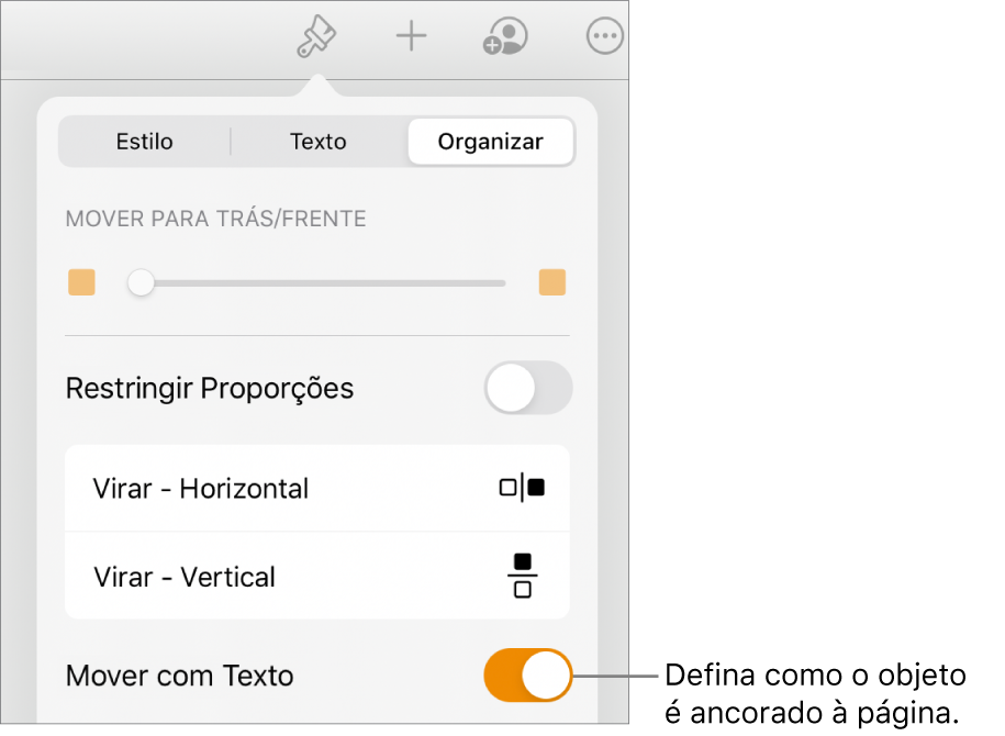 Controles Formatar com a aba Organizar selecionada e controles de “Mover para Trás/Frente”, “Mover com Texto” e “Ajuste de Texto”.