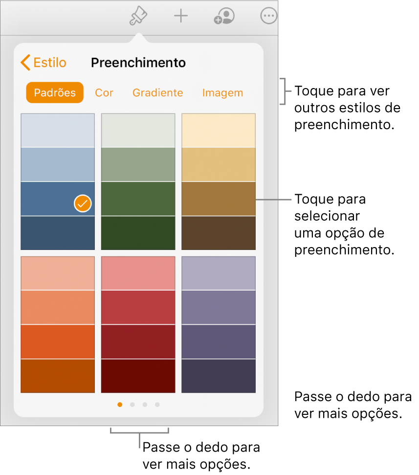 Opções de preenchimento na aba Estilo do botão Formatar.